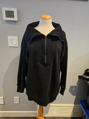 Warehouse One Women’s Ribbed Quarter-Zip Pullover | Size Large | Black